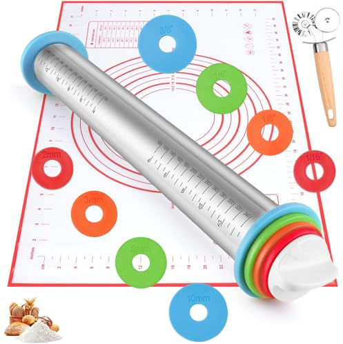 Set di 3 Mattarello Regolabile Spessori Acciaio Inox con 1 Tappetino Antiaderente, 1 Rotella Tagliapasta Legno & 4 Anelli Sessore Regolabili, Utensili da Forno per Pizza, Biscotti e Pasta Sfoglia