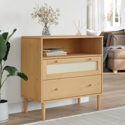 mzdioop Sideboard SENJA in Rattan-Optik Braun aus massivem Kiefernholz mit UV-Lackierung 80x40x80 cm, 2 Schubladen und Stauraum, Holzgriff, modernes Küchen- und Wohnzimmermöbel