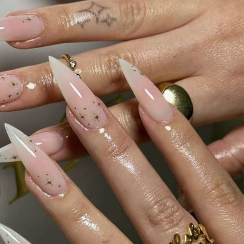 24-Piece Long Stiletto Press-On False Nails, Pink And White Ombré | Glossy Finish, Gold-Tone Star And Dot Details, Pre-Designed For Home Manicures And Coordinating With Occasion Outfits