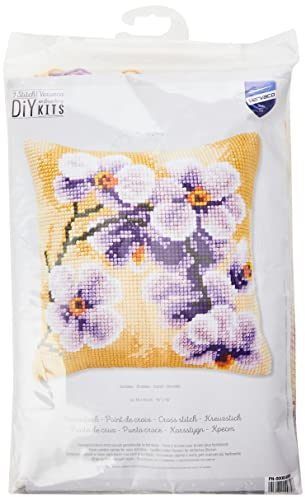 Vervaco Kreuzstich Stickpackungen Kissen Stickerei Set Anfänger Vorgedruckt Orchidee DIY Set Kreativ Set Für Erwachsene Dekoratives Kissen ca. 40 x 40 cm Bastelset Handwerker Haus Dekoration
