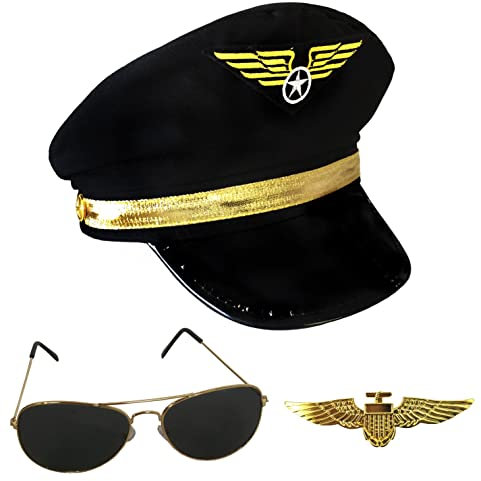 ILOVEFANCYDRESS Aviator Pilot Satz Hut, Metall Anstecknadel & Sonnenbrille Kostüm Verkleidung Zubehör Packung