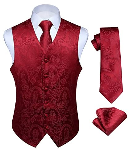 HISDERN Herren FLoral Hochzeit Weste Krawatte Einstecktuch Taschentuch Jacquard Weste Anzug Set