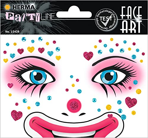 HERMA 15428 Face Art Sticker Clown Herzen, dermatologisch getestet, ablösbare Glitzer Gesicht Aufkleber, temporäre Tattoos für Karneval Fasching Halloween Festival Kinder Geburtstag, pink rosa
