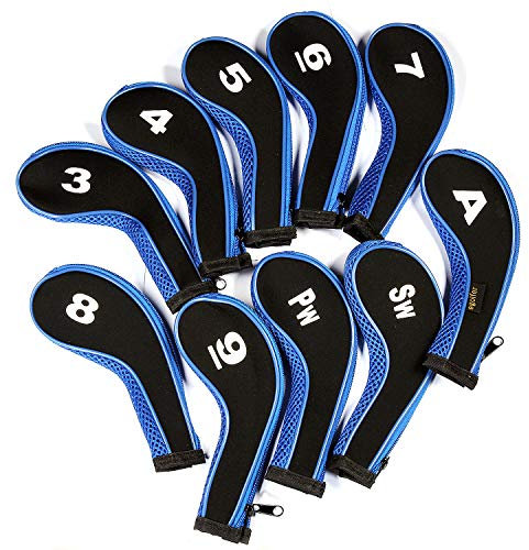 10pcs/Set Neoprene Zippered Long Neck Number Print Golf Iron Covers … (Blue)