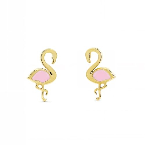 Boucles d'Oreilles Enfant flamant émail rose Or Jaune 9 Carats - Coffret cadeau - Certificat de garantie - Mondepetit