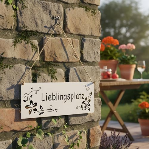 Schild Lieblingsplatz 25x9cm Außen Garten-Deko Weiß Blumen Metall Türschild Wandbild Außendeko