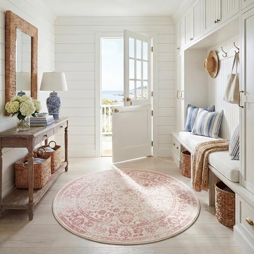 Safavieh Runder Teppich 213 cm Rund - Adirondack Collection - Transitional Design, Elfenbein & Rosa, Pflegeleichte Synthetikmischung, Ideal für Wohnzimmer, Schlafzimmer, Büro