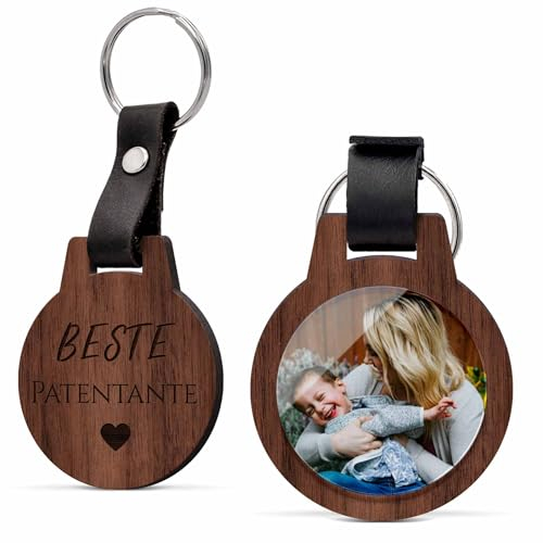 CHRISCK design Schlüsselanhänger mit Foto und Gravur aus Voll Holz für die beste Patentante - Geschenk Patin - Personalisierter Anhänger mit vielen Motiven z.B. für Schwester Bruder Oma Opa Paare