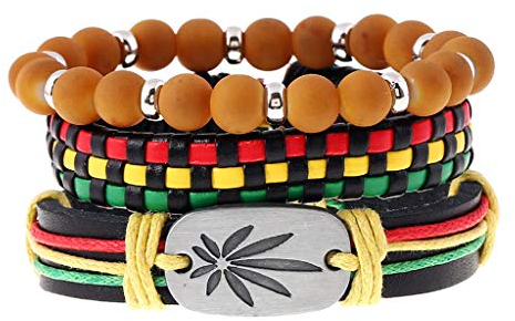 Kcnsieou 3 x geflochtene Armbänder aus Jamaika-Leder, geflochten, Rasta-Reggae-Schmuck