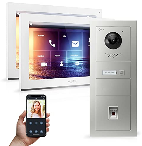 Goliath Hybrid - IP | Full-HD Video Türsprechanlage | App | 1-Fam | 2 x Full-Touchscreen 10 | Aluminium Unterputz Türstation | + Fingerprint | 180° Ultra-Weitwinkel | AV-IPS-551