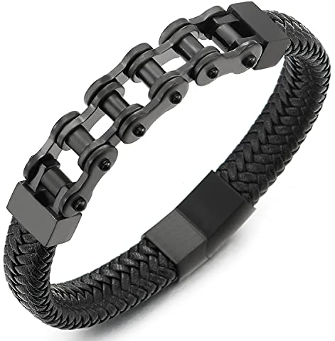 COOLSTEELANDBEYOND Acero Bike Chain, Negro Cadena Bici Motocicleta Pulsera, Negro Cuero Trenzado Brazalete de Hombre