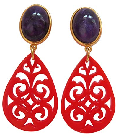 Auffällig: Sehr große leichte Ohr-Clips vergoldet Stein lila schillernd Anhänger rot elegant Geschenk Hingucker Statement Designer JUSTWIN