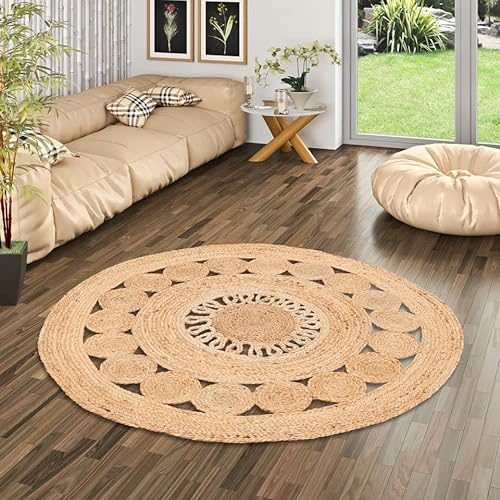 Pia - Tapis tressé en Fibre Naturelle de Jute - Fait à la Main - Rond - 2 Tailles