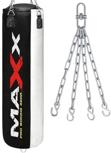 Maxx Black and White 3ft 4ft 5ft 6ft Filled Hanging Boxing Punch Bag Set Heavy Punching bag (BAG + CHAIN, 5FT)