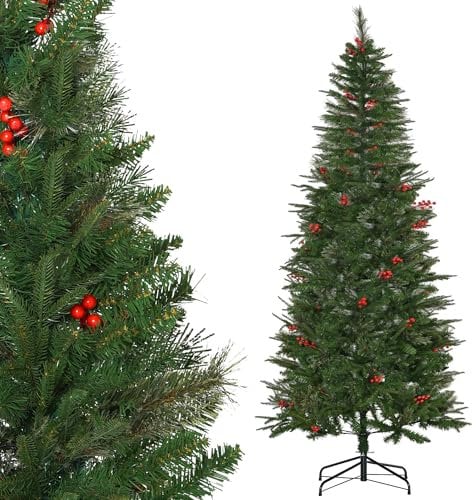 HOMCOM - Árbol de Navidad artificial (210 cm, 746 ramas, con acebo + soporte para pie plegable, color verde