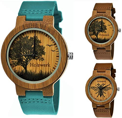 Holzwerk Germany Handgefertigte Designer Damen-Uhr Herren-Uhr Öko Natur Holz-Uhr Leder Armband-Uhr Save The Trees Analog Klassisch Quarz-Uhr Braun Baum Natur Motiv Limitiert (Baum.türkis.braun.,)
