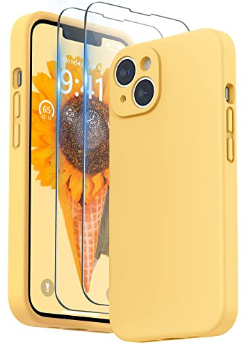 SURPHY Compatible with iPhone 14 Case with Screen Protector, Liquid Silicone Protection for Each Lens Shockproof Thickened Rubber Cover for iPhone 14 6.1 inch 2022, Sunglow Yellow