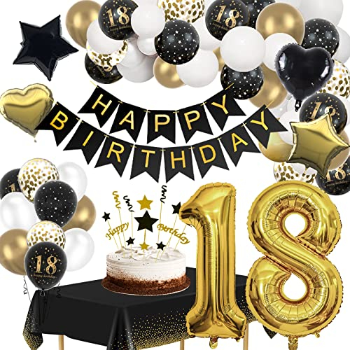 18 Geburtstag Deko, 18 Geburtstag Deko Mädchen Junge, Deko 18. Geburtstag Schwarz Gold Luftballons mit Happy Birthday Banner Tischdecken, Dekoration 18 Geburtstag für Birthday Party Deko