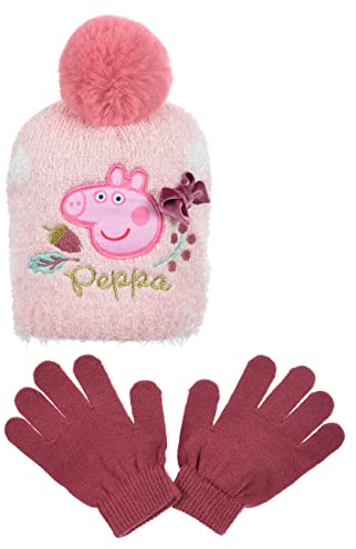 Peppa Wutz Pig Mütze und Handschuhe Kinder | Geschenke für Mädchen | Set | Winter | Strickmütze | Beanie | Bommelmütze