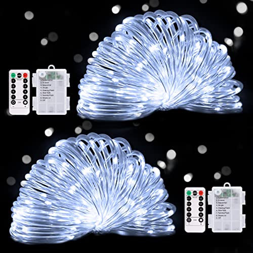 POTIVE 100 LED White String Lights Battery Operated, Battery Rope Lights with Remote, 33Ft Battery Powered String Lights for Outside Camping Tent Pool Garden Decorations (2 Pack)