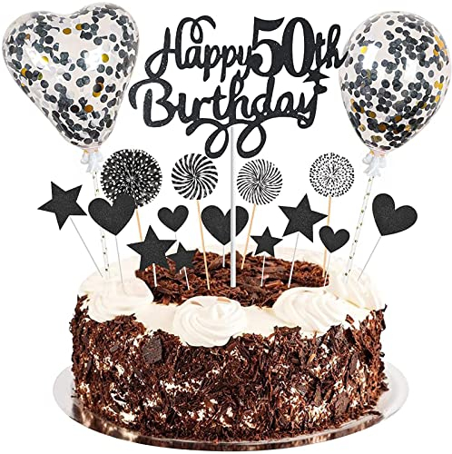 Happy50th Birthday Tortendeko 50 jahre junge mädchen Kuchen Deko50.Geburtstag Schwarz Tortendeko 50. Geburtstag junge Tortendeko Schwarz Mit Herz Stern Ballon Glitter Cake Topper für 50 Geburtstag