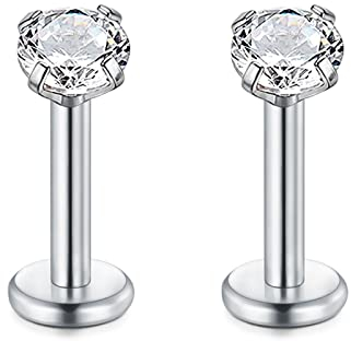 Rajnard Argent Piercing Lèvres Stud 16G 1.2mm Acier Chirurgical Boucles d'oreilles Helix 6mm Longueur Cartilage Tragus Labret Piercing avec 3mm Zircon Femelle Bijoux Piercing