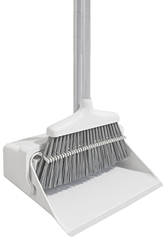 Long Handled Dustpan and Brush Sets, Double Comb Broom and Dustpan Sets Heavy Duty Long Handle, Long Handled Sweeping Floor Brush Indoor, White