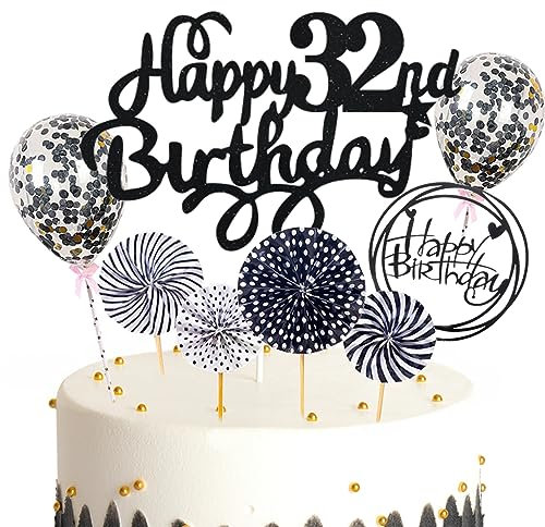 Feelairy Tortendeko Happy Birthday Deko Kuchendeko 32. Geburtstag Mann Frau, Schwarz Kuchen Topper 32. Geburtstag, Cake Topper Happy Birthday Ballon für Geburtstagstorte Deko 32 Jahre Frauen Männer