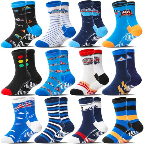 Welwoos 12 paia di calzini antiscivolo divertenti per bambini maschi con motivi a cartone animato, comfort, in cotone traspirante, stile sci (Stile blu misto, 6-12 mesi)