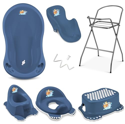 Baby Badewanne mit Gestell 7 Set TÜV Rheinland geprüft - Babybadewanne + Baby Badewannensitz + Ständer + Abfluss + Töpfchen + Hocker + WC Sitz Kinder