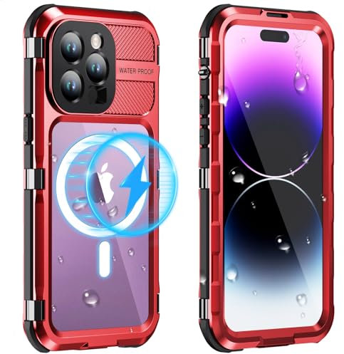 WIFORT for iPhone 14 Pro Max Waterproof Case,Shockproof Dustproof Heavy Duty Metal Cover with Build-in Screen Protector,[Compatible with Magsafe] 360 Full Body Protective Cases - 6.7, Red