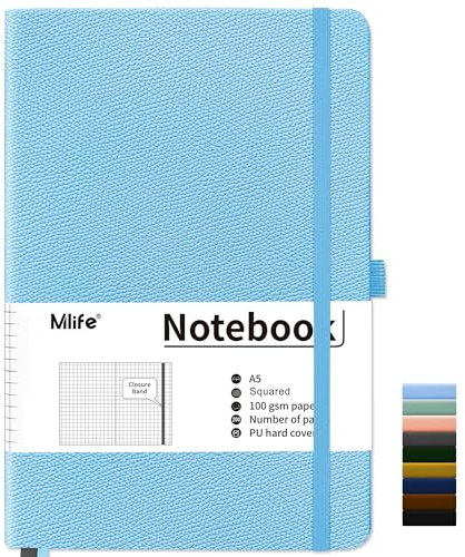 Mlife Notizbuch A5 Kariert,200 Seiten Notizbücher Hardcover,Premium 100gsm Tintenfestes Papie Dickes,PU Hard Cover Notebook,Innentasche,Elastisch Gebändert,Bullet journal&Notizblock,Tagebuch(Hellblau)