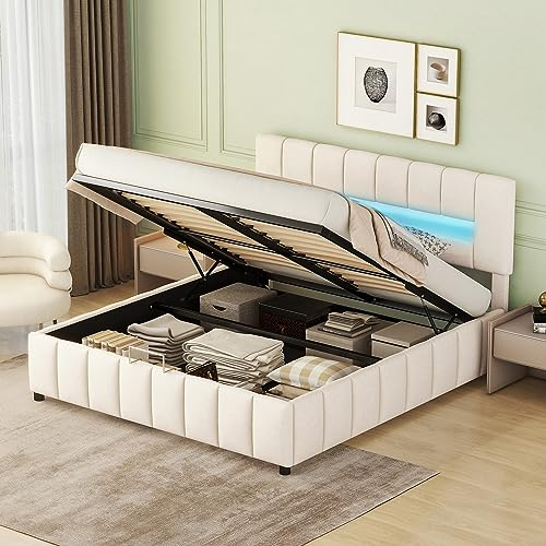 Merax Polsterbett 180x200cm mit LED-Beleuchtung, Hydraulisches Doppelbett Funktionsbett mit Stauraum, Modern Bettgestell mit Lattenrost & Bettkasten & Kopfteil, Samt, Jugendbett, ohne Matratze, Beige