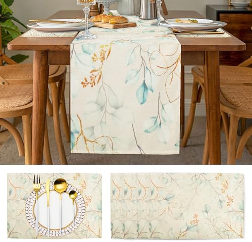 Aitsite Eukalyptus Tischläufer Platzset Set,Tischläufer Abwaschbar mit 4er Tischset Küche Esstisch Dekoration 30x180cm