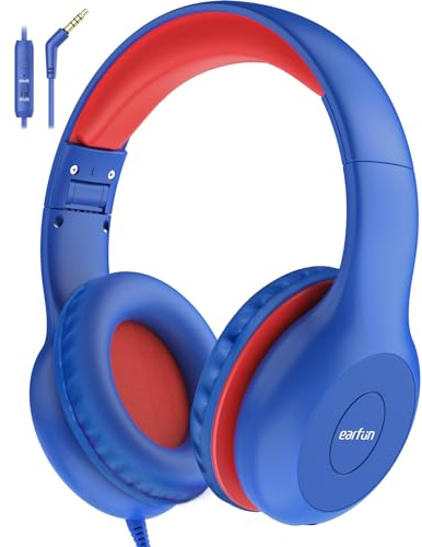 EarFun Kids Headphones, Wired Headphones Kids 85/94dB Volume Limit, Sharing Function, Stereo Sound Adjustable Headband Children Headphone for School/Travel/Phone/Tablet, Navy Red
