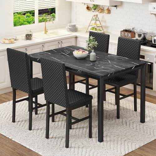 HOOSENG Dining Table and Chairs Set 4, Faux Marble Tabletop with 4 Upholstered Velvet Chairs, Kitchen Table Set for Apartment, Black & Black