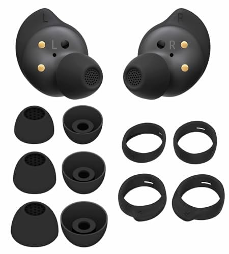 IiEXCEL Galaxy Buds FE Ear Tips Hooks Kit, 5 Pairs Replacement Fit in Case Silicone Earbuds Earplug Anti Slip Sport Outdoor Wings Compatible with Samsung 2023-Black (tips hooks black)