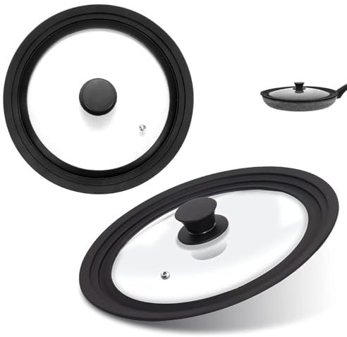 Display Guru Universal Lid for Pots, Frying Pans and Skillets - Tempered Glass with Heat Resistant Silicone Handle Rim and Fits From 16 to 32 cm Diameter (28/30/32 cm)