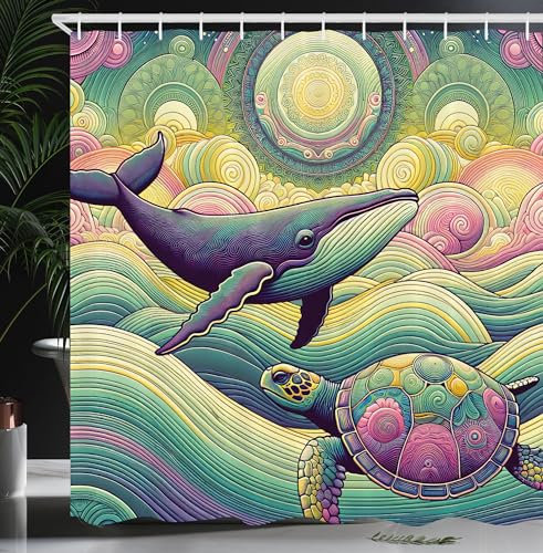 ABAKUHAUS Nautisch Duschvorhang, Wal und Schildkröte mit Ozeanwellen in fröhlichen und trippigen Hippie Farben, Stoffliches Gewebe mit Haken, 175 x 200 cm, Seemousse Lila Pink