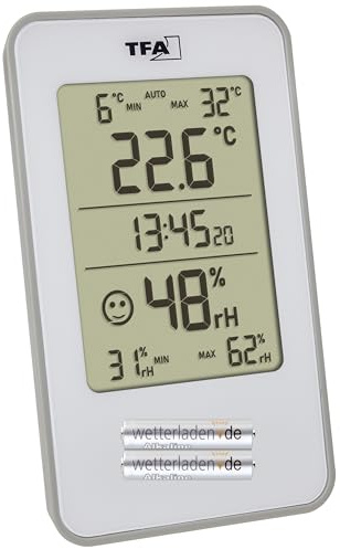 TFA Dostmann Digital Thermo-Hygrometer, 30.5057, hygrometer with room thermometer, to prevent mold, suitable for living room, garage, bedroom, 72x16x120 mm (white with batteries)