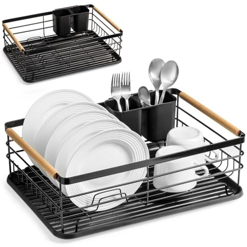 Vilde Geschirrabtropfgestell Rostfrei Metall Schwarz - Abnehmbarer Besteckkorb/Bambusgriffe - Größe 43x28,5x14,5 cm - Abtropfständer für 10 Teller - Industrial-Stil für Moderne Küchen