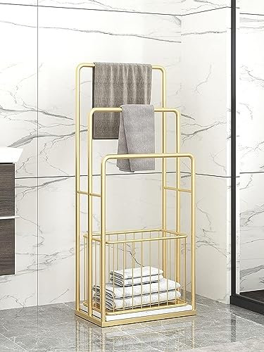 Porte-serviettes autoportant en fer forgé avec panier à vêtements sales – Porte-serviettes sur pied, couleur dorée