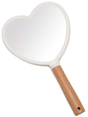 YEAKE Hand Held Mirror with Handle for Makeup,Small Cute Wood Hand Mirror for Shaving with Hole Hanging Single-Sided Portable Travel Vanity Mirror for Men&Women(Heart)