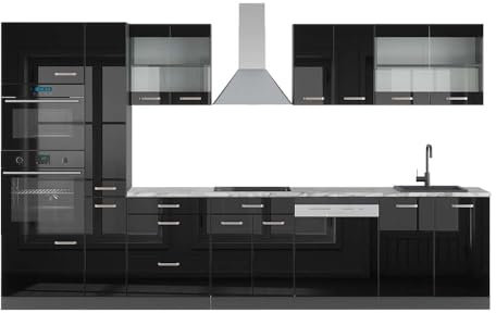 Vicco Küchenzeile R-Line, Schwarz Hochglanz/Anthrazit, 350 cm mit Hochschrank, AP Marmor