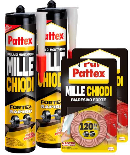 Pattex Millechiodi Forte e Rapido Colla di Montaggio a Presa Immediata con Applicatore - 2 Flaconi da 400g + Pattex Millechiodi Biadesivo Forte Nastro di Montaggio Permanente 1,5m x 19mm - 2 Rotoli