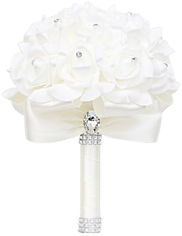 Brautstrauß mit Strass, Hochzeit Blumenstrauß Braut Brautjungfer Brautjungfern Bouquet ø18CM Blumensträusse Hochzeit Künstlich Silk Blume für Hochzeit, Fotoshooting (1-Elfenbeinweiß,ø18x24CM)