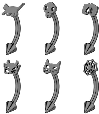 ZS 6 Stück Halloween Augenbrauen Piercing, Totenkopf Augenbrauen Piercing Edelstahl, Spinnennetz Kürbis Bauchringe, Fledermaus Rook Ohrringe Innengewinde, Gebogene Hantel für Frauen (Schwarz,L:8mm)