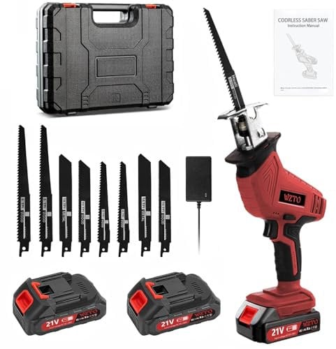 Red Reciprocating Saw, 0-4000 RPM Variable Speed Reciprocating Saws with 8 Blades, Electric Saws to Cut Wood, 21V Cordless Wood Saw Electric, for Metal PVC Cutting with 2 Batteries