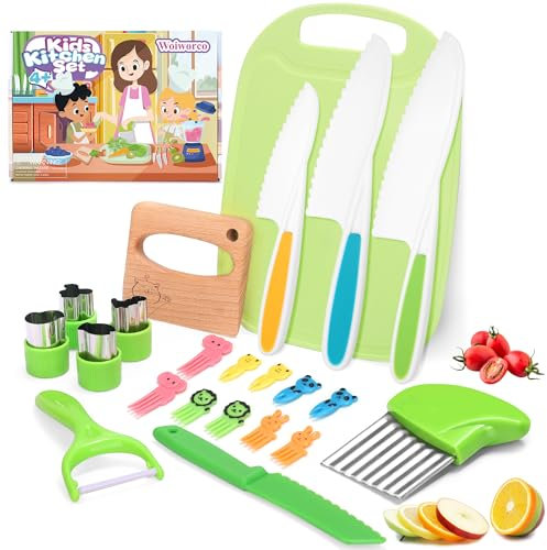 Woiworco Couteau sécurité de Cuisine pour Enfants - 22 Pièces Couteau Montessori Enfants pour couper et cuire des fruits ou légumes Kit Cuisine Enfant Cadeau de Noël ou d'anniversaire