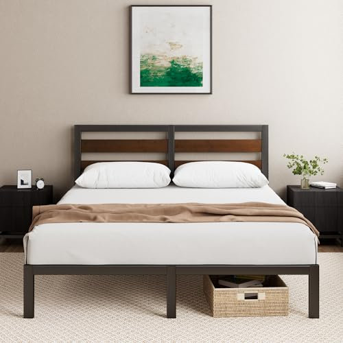 Zinus Kai - Letto 140 x 190 cm, in bambù e metallo, con testiera di facile montaggio, altezza 80 cm, letto in metallo con rete a doghe, senza bisogno di rete, nero e marrone